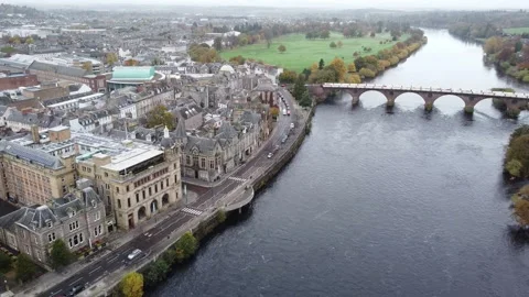 Perth and river Tay with bridge aerial view, Scotland Stock Footage 220465211