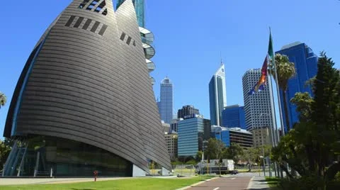 Perth Australia Bell Tower sails building and skyline in Western Australia Stock Footage 11117591