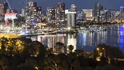 Perth CBD during night time lapse showing city with Elizabeth Quay 스톡 동영상 137995891