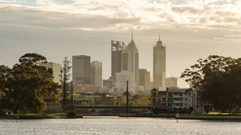 Perth City and Claisebrook Cove Sunset Timelapse Stock Footage 148802973