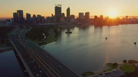 Perth City and Narrows Bridge Sunrise Aerial Footage Stock Footage 155426388