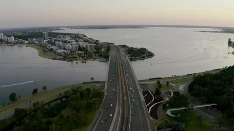 Perth City Freeway Over the Swan River Aerial Drone Shot Stock Footage 120977528