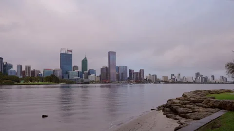 Perth City by Swan River under a windy overcast day Stock Footage 344795914