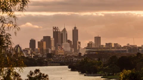 Perth City view from Bilya Kard Boodja Lookout Day to Night Timelapse Stock Footage 140001137