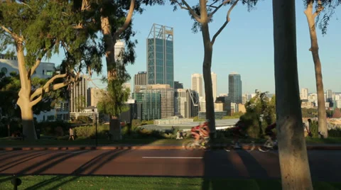 Perth skyline and cyclists in kings park, australia on a sunny day Stock Footage 37173898