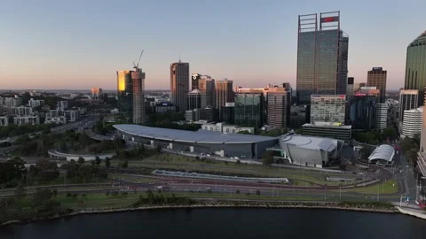 Perth Skyline and Perth Convention and Exhibition Centre PCEC at Dusk 2022 Stock Footage 221772536