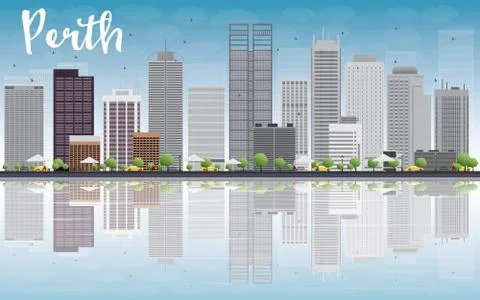 Perth skyline with grey buildings, blue sky and reflection Illustrazione stock