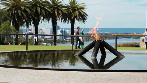Perth, WA Australia. December 5th 2022. Close up of Eternal Flame in a water fea Stock Footage 294655819