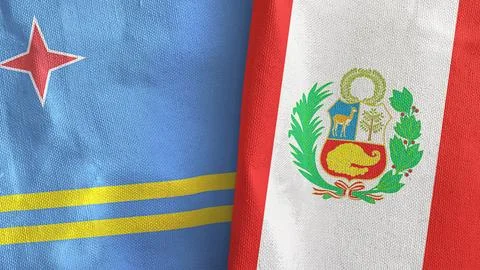 Peru and Aruba two flags textile cloth 3D rendering Stock Illustration