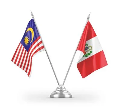 Peru and Malaysia table flags isolated on white 3D rendering Stock Illustration
