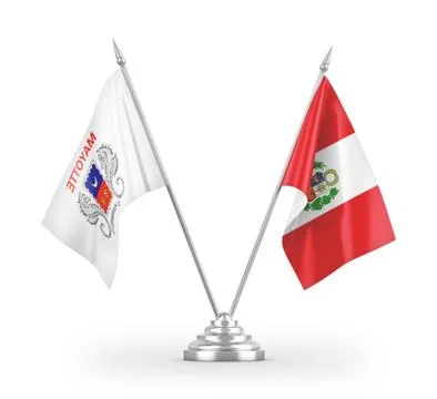 Peru and Mayotte table flags isolated on white 3D rendering Stock Illustration