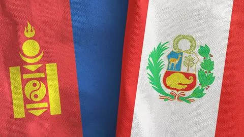 Peru and Mongolia two flags textile cloth 3D rendering Stock Illustration