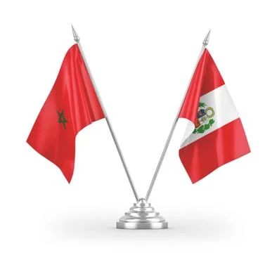 Peru and Morocco table flags isolated on white 3D rendering Stock Illustration