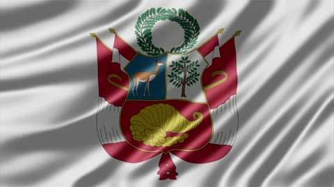 Peru coat of arms featured on a soft white silk fabric waving Stockbeeldmateriaal 344323568