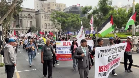 Peru: Demonstrators in Lima protest visit of US Secretary of State Marco ... Stock Footage 345115546