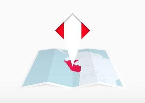 Peru is depicted on a folded paper map and pinned location marker with flag.. Stock Illustration