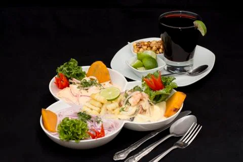 Peru Dish: 3 types of Cebiche (ceviche) in one plate. Stock Photos