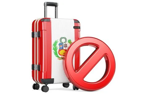 Peru Entry Ban. Suitcase with Peruvian flag and prohibition sign. 3D renderin Stock Illustration