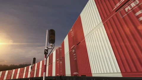 Peru export containers on cargo train wagons loop Stock Footage 336665491