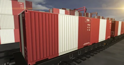 Peru export containers on cargo train wagons loop Stock Footage 336712041