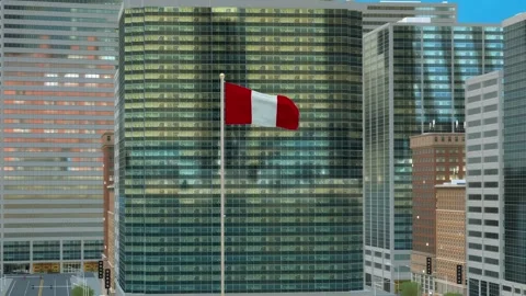 Peru Flag 3D Render Animation on Pole with Modern Business District Building Stock-Footage 332881501