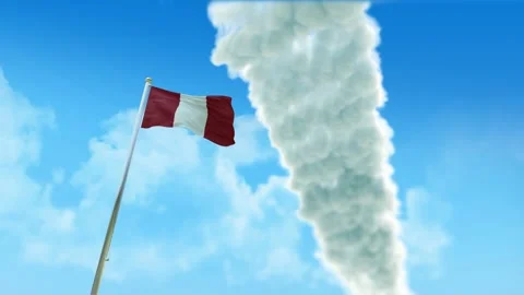 Peru Flag 3D Render Animation on Pole with Fighter Jets Smoke Trails in Blue Video stock 333346116
