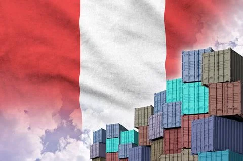 Peru flag and big stack of shipping cargo containers in docks with sky Stock Photos