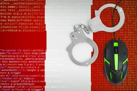 Peru flag  and handcuffed computer mouse. Combating computer crime, hackers a Stock-Fotos