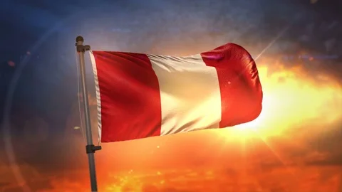 Peru Flag Backlit At Beautiful Sunrise Loop Slow Motion 4K Stock Footage 76680523