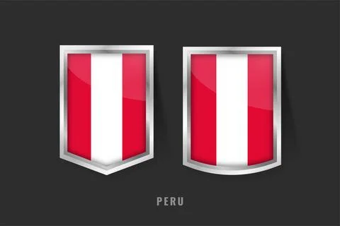 Peru Flag Badges. 3D Glossy Shields with Red and White Vertical Stripes Sym.. Stock Illustration