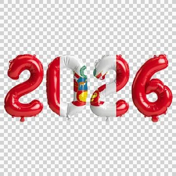 Peru flag colors 2026 3d illustration, balloon numbers 3d rendering on tran.. Stock Illustration