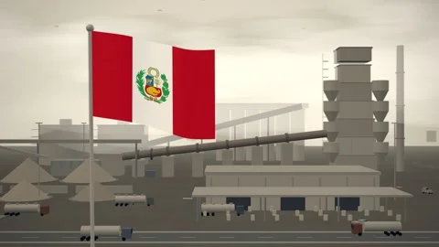 Peru Flag Flying Over Cement Works Rotary Kiln seamless loop Stock Footage 345310445