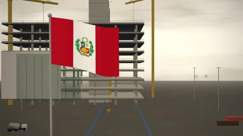 Peru Flag Flying Over Construction Site Tower Cranes seamless loop Stock Footage 345312451