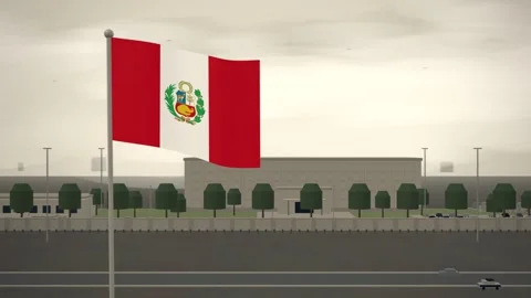 Peru Flag Flying Over Embassy Compound Perimeter Wall seamless loop Stock Footage 345310014