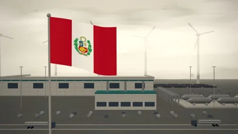 Peru Flag Flying Over Green Hydrogen Electrolyser Plant seamless loop Video stock 345304523