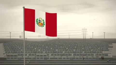 Peru Flag Flying Over Grid Battery Storage Farm seamless loop Stock Footage 345311339