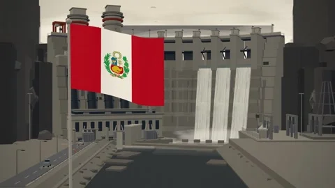 Peru Flag Flying Over Hydroelectric Dam Spillway seamless loop Stock Footage 345310607