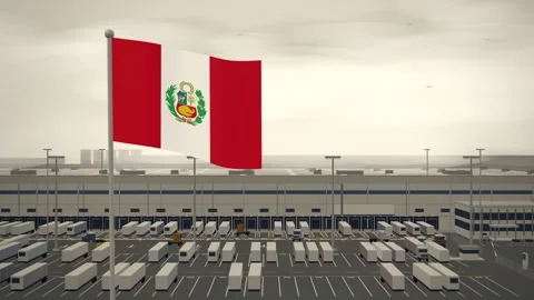 Peru Flag Flying Over Logistics Warehouse Distribution Centre seamless loop Stock Footage 345312314