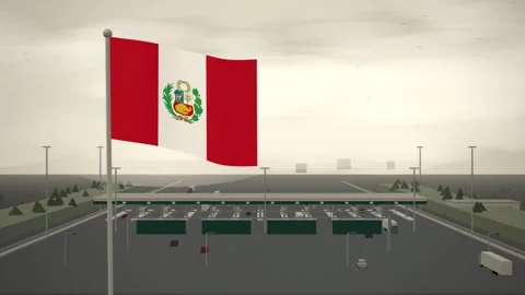 Peru Flag Flying Over Motorway Toll Plaza Traffic seamless loop Stock Footage 345309960