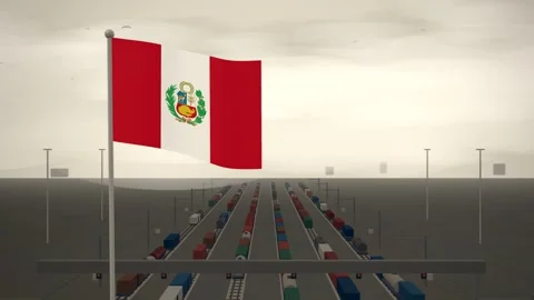 Peru Flag Flying Over Railroad Freight Rail Yard seamless loop Stock Footage 345311935