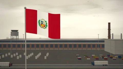 Peru Flag Flying Over Textile Mill Weaving Shed seamless loop Stock Footage 345808893