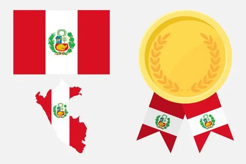 Peru flag with map and gold medal in set for web and banners or app and games Иллюстрация