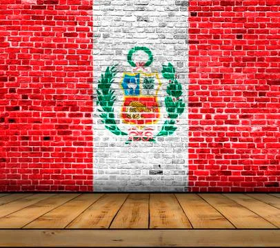 Peru flag painted on brick wall with wooden floor Stock Photos