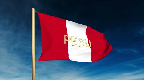 Peru flag slider style with title. Waving in the wind with cloud background Stock Footage 48629820