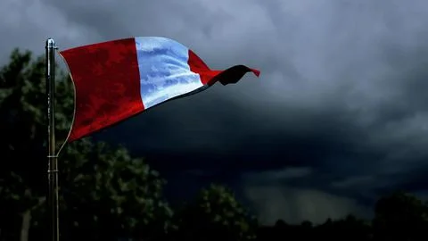 Peru flag for state holiday on dark storm cumulus clouds Stock Illustration