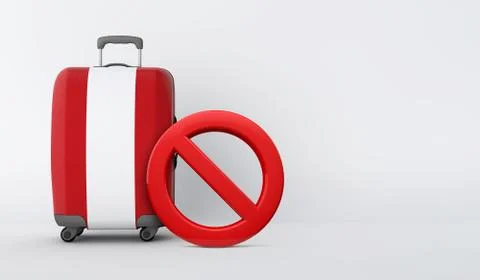 Peru flag suitcase with no entry sign. Travel ban concept. 3D Render Stock Illustration