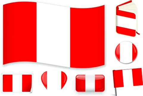 Peru flag wave, book, circle, pin, button, heart and sticker. Illustrazione stock