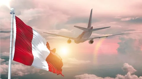 Peru flag Waving Realistic With Sky Plane Takes Off At Sunrise Stock Footage 295290301