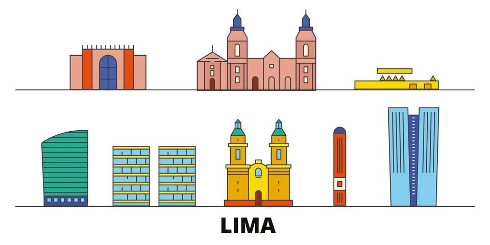 Peru, Lima flat landmarks vector illustration. Peru, Lima line city with famous Stock Illustration