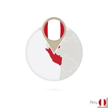 Peru map and flag in circle. Map of Peru, Peru flag pin. Map of Peru in the.. Stock Illustration
